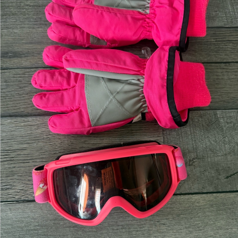 Pink and Black Ski Goggles and Gloves